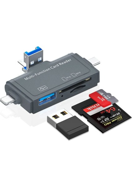 Multi Otg USB Ligtning iphone - iPad Uyumlu ve Type-C Girişli Kart Okuyucu Adaptör Çevirici