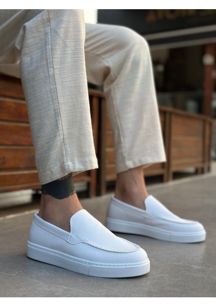 BA0241 Bağcıksız Yüksek Taban Beyaz Cilt Erkek Ayakkabı