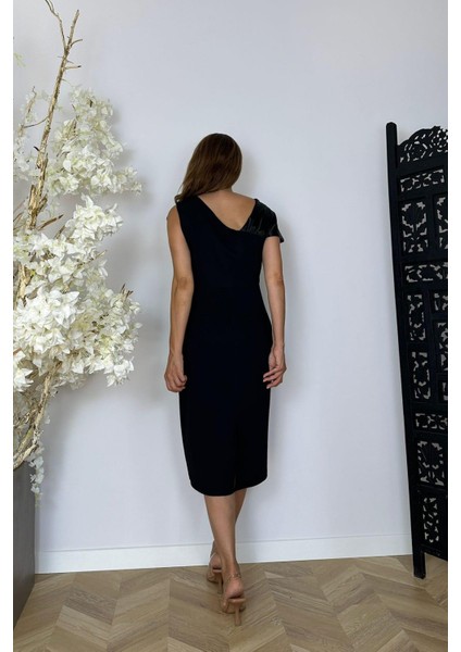 G1499 Yaka ve Taş Detaylı Abiye Elbise Siyah modelleri