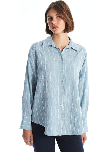 Lcw Vision Mavi Çizgili Uzun Kollu Oversize Kadın Gömlek
