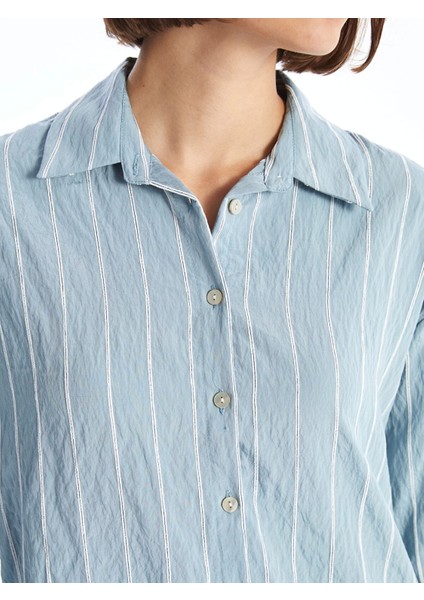 Lcw Vision Mavi Çizgili Uzun Kollu Oversize Kadın Gömlek modelleri
