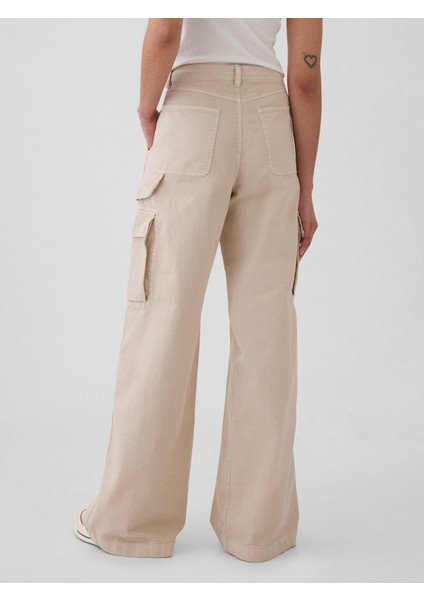 Kadın Bej Low Rise Baggy Kargo Khaki Pantolon