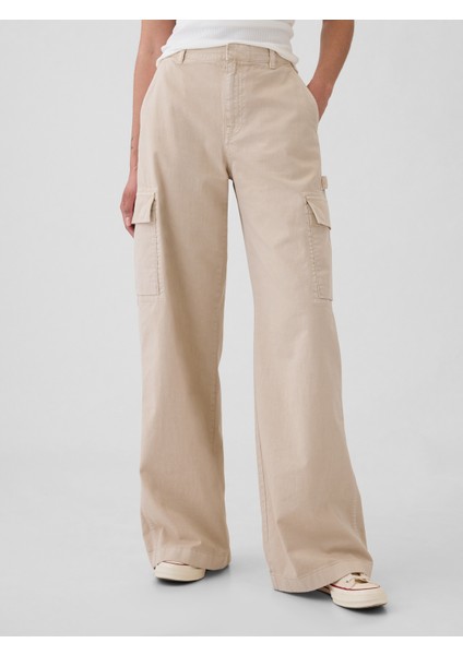 Kadın Bej Low Rise Baggy Kargo Khaki Pantolon