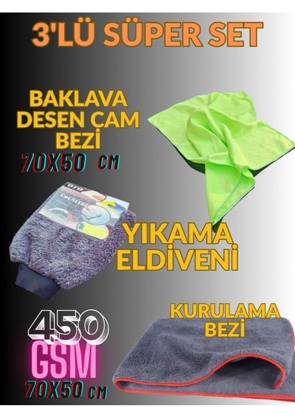 3'lü Mikrofiber Oto Yıkama Seti Kurulama Bezi (450) Gsm- Cam Bezi-Oto Eldiven