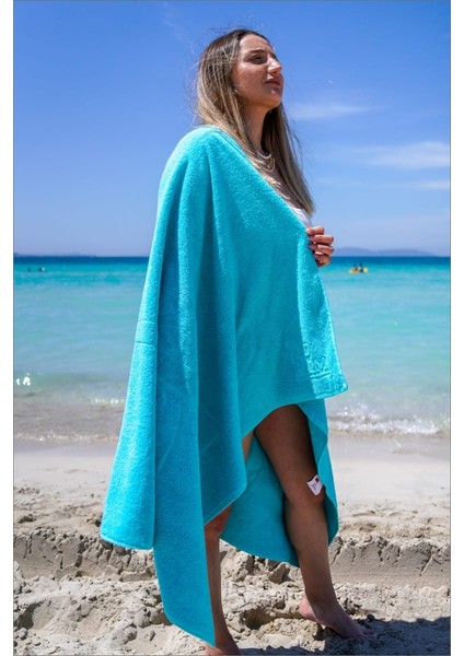 Plaj Çantasına Dönüşen %100 Pamuk Mavi Plaj Havlusu