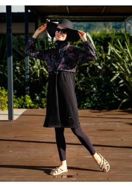 Kadın Desenli Likralı Tam Kapalı Tesettür Mayo 21103-25 Siyah