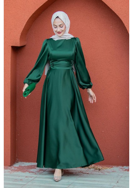 Visy Korsaj Bağlama Detaylı Saten Abiye-Zümrüt