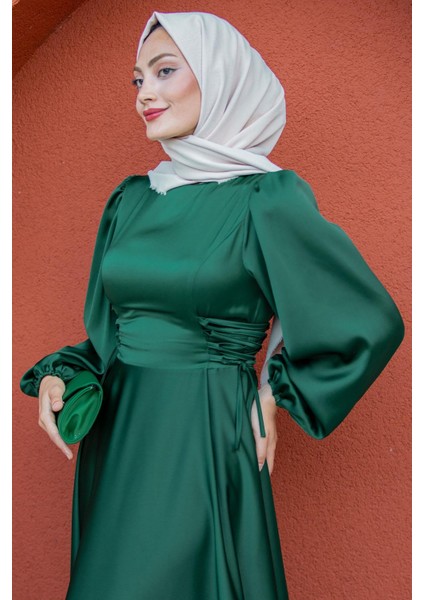 Visy Korsaj Bağlama Detaylı Saten Abiye-Zümrüt fiyatları