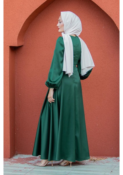 Visy Korsaj Bağlama Detaylı Saten Abiye-Zümrüt modelleri