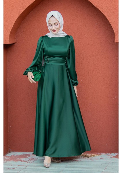 Visy Korsaj Bağlama Detaylı Saten Abiye-Zümrüt indirimleri