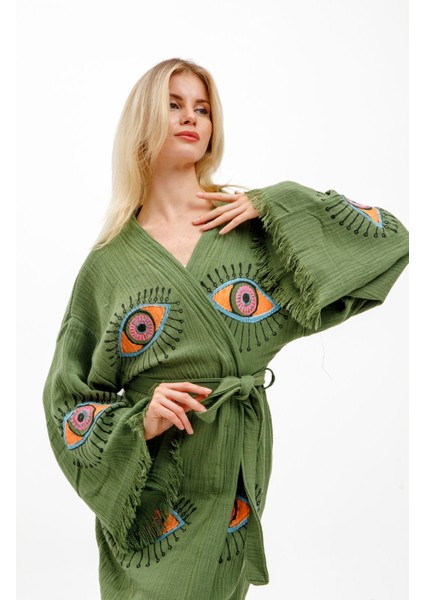 Müslin Kimono %100 Pamuklu Göz Baskılı Desenli Bornoz Kaftan Sabahlık