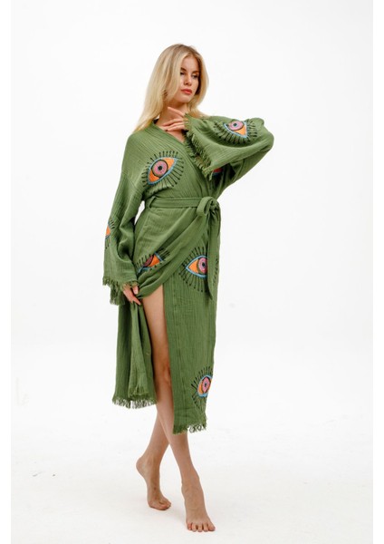 Müslin Kimono %100 Pamuklu Göz Baskılı Desenli Bornoz Kaftan Sabahlık indirimleri