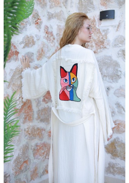 Müslin Kimono El Yapımı Nakış Işlemeli %100 Pamuklu Kedi Desenli Bornoz Kaftan Sabahlık