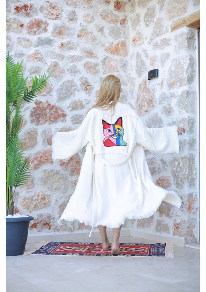 Müslin Kimono El Yapımı Nakış Işlemeli %100 Pamuklu Kedi Desenli Bornoz Kaftan Sabahlık fiyatları
