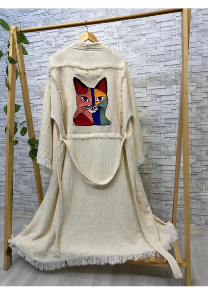 Müslin Kimono El Yapımı Nakış Işlemeli %100 Pamuklu Kedi Desenli Bornoz Kaftan Sabahlık
