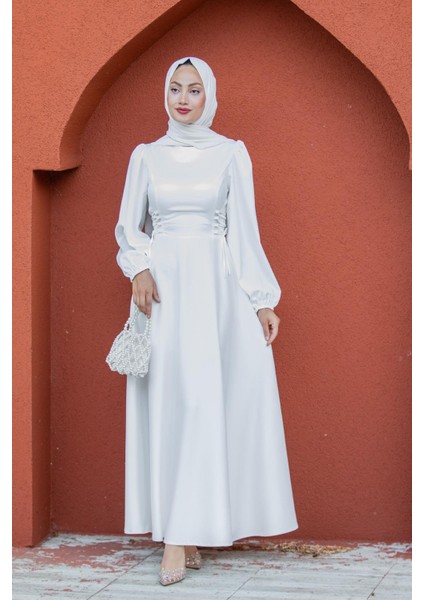 Visy Korsaj Bağlama Detaylı Saten Abiye-Beyaz