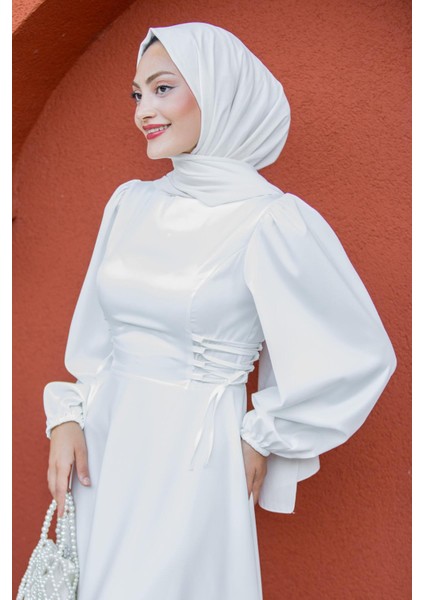 Visy Korsaj Bağlama Detaylı Saten Abiye-Beyaz fiyatları