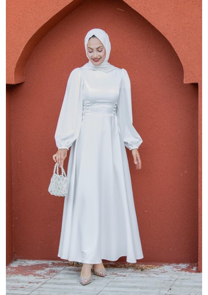 Visy Korsaj Bağlama Detaylı Saten Abiye-Beyaz fırsatları