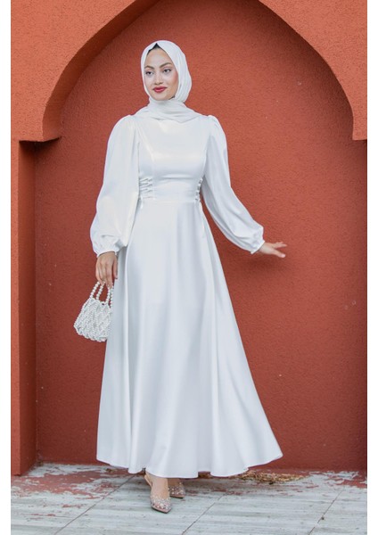 Visy Korsaj Bağlama Detaylı Saten Abiye-Beyaz indirimleri