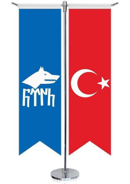 Göktürk Türk Kağanlığı Göktürkçe Bayrağı ve Türkiye -Kırlangıç - Saten T Direk 2li Masa Bayrağı