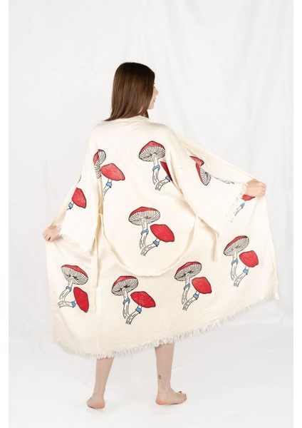 Müslin Kimono %100 Pamuklu Mantar Baskılı Desenli Bornoz Kaftan Sabahlık