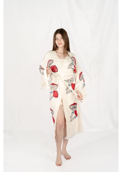 Müslin Kimono %100 Pamuklu Mantar Baskılı Desenli Bornoz Kaftan Sabahlık fiyatları