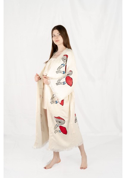 Müslin Kimono %100 Pamuklu Mantar Baskılı Desenli Bornoz Kaftan Sabahlık modelleri