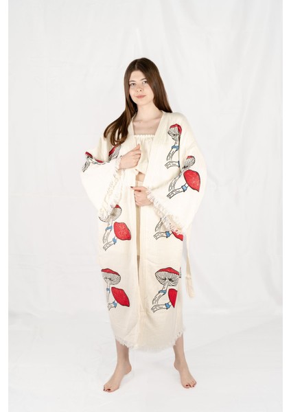 Müslin Kimono %100 Pamuklu Mantar Baskılı Desenli Bornoz Kaftan Sabahlık fırsatları