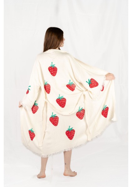 Müslin Kimono %100 Pamuklu Çilek Baskılı Desenli Bornoz Kaftan Sabahlık