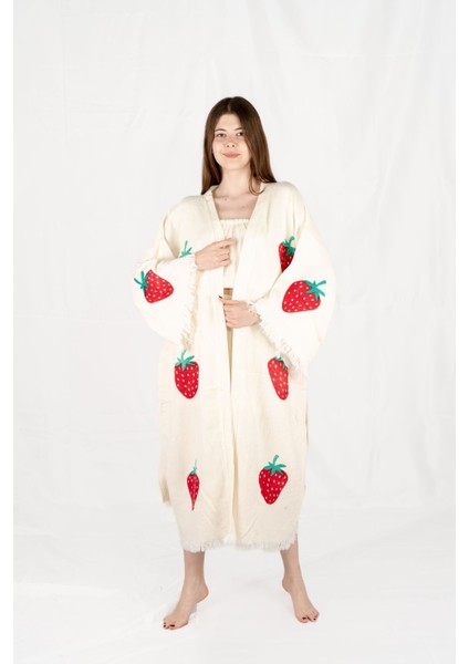 Müslin Kimono %100 Pamuklu Çilek Baskılı Desenli Bornoz Kaftan Sabahlık fiyatları
