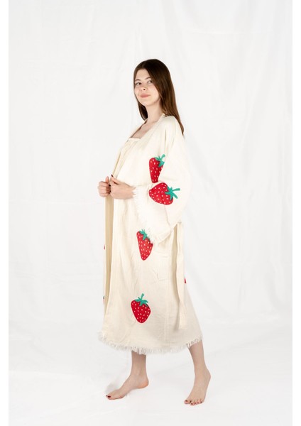 Müslin Kimono %100 Pamuklu Çilek Baskılı Desenli Bornoz Kaftan Sabahlık modelleri