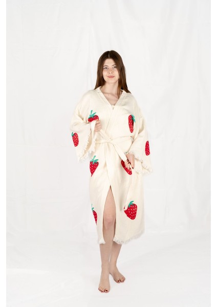Müslin Kimono %100 Pamuklu Çilek Baskılı Desenli Bornoz Kaftan Sabahlık fırsatları