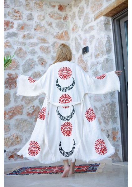 Müslin Kimono %100 Pamuklu Güneş ve Ay Baskılı Desenli Bornoz Kaftan Sabahlık