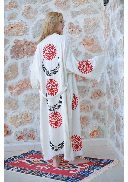 Müslin Kimono %100 Pamuklu Güneş ve Ay Baskılı Desenli Bornoz Kaftan Sabahlık modelleri