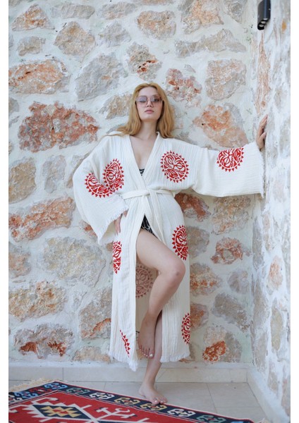 Müslin Kimono %100 Pamuklu Güneş ve Ay Baskılı Desenli Bornoz Kaftan Sabahlık fırsatları