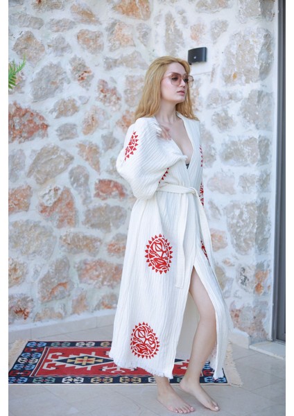 Müslin Kimono %100 Pamuklu Güneş ve Ay Baskılı Desenli Bornoz Kaftan Sabahlık indirimleri