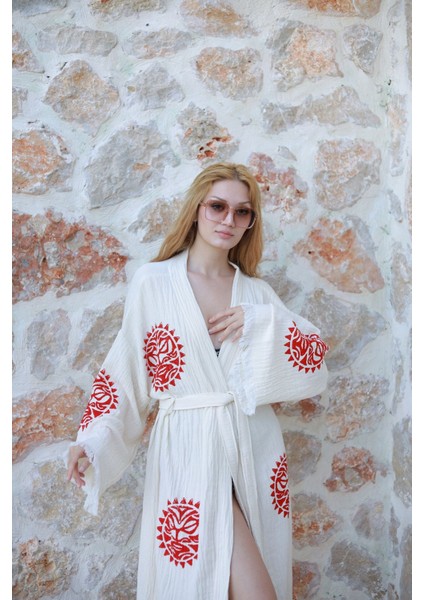 Müslin Kimono %100 Pamuklu Güneş ve Ay Baskılı Desenli Bornoz Kaftan Sabahlık