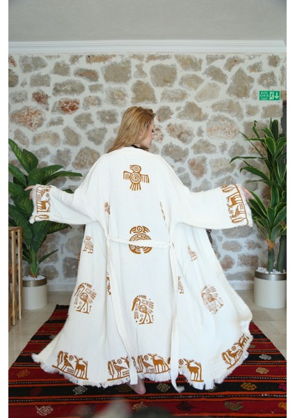 Müslin Kimono %100 Pamuklu Bohem Sembol Baskılı Desenli Bornoz Kaftan Sabahlık