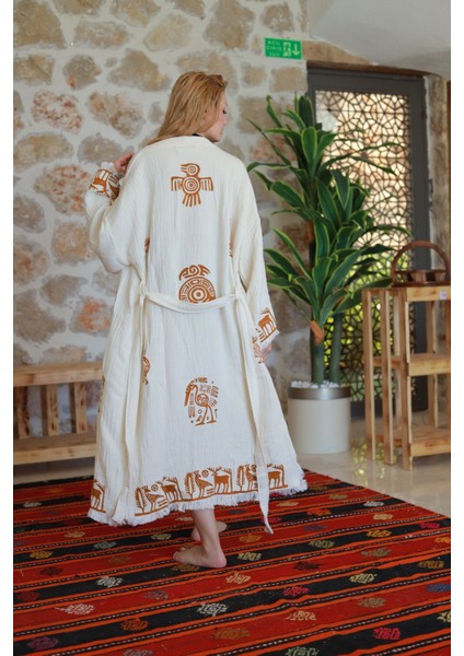 Müslin Kimono %100 Pamuklu Bohem Sembol Baskılı Desenli Bornoz Kaftan Sabahlık modelleri