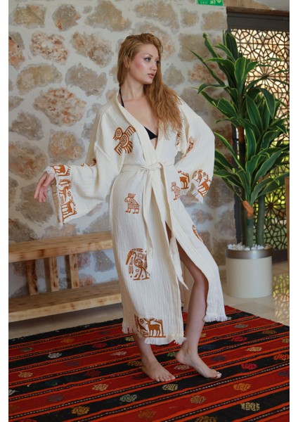 Müslin Kimono %100 Pamuklu Bohem Sembol Baskılı Desenli Bornoz Kaftan Sabahlık