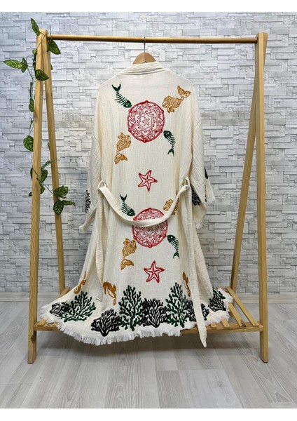 Müslin Kimono %100 Pamuklu Balık Baskılı Desenli Bornoz Kaftan Sabahlık