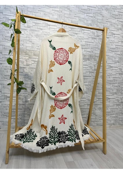 Müslin Kimono %100 Pamuklu Balık Baskılı Desenli Bornoz Kaftan Sabahlık modelleri