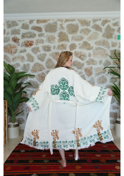 Müslin Kimono %100 Pamuklu Zürafa Baskılı Desenli Bornoz Kaftan Sabahlık
