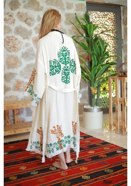 Müslin Kimono %100 Pamuklu Zürafa Baskılı Desenli Bornoz Kaftan Sabahlık modelleri