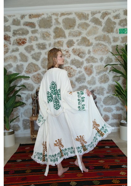 Müslin Kimono %100 Pamuklu Zürafa Baskılı Desenli Bornoz Kaftan Sabahlık indirimleri