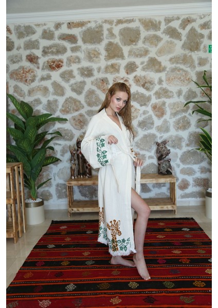 Müslin Kimono %100 Pamuklu Zürafa Baskılı Desenli Bornoz Kaftan Sabahlık