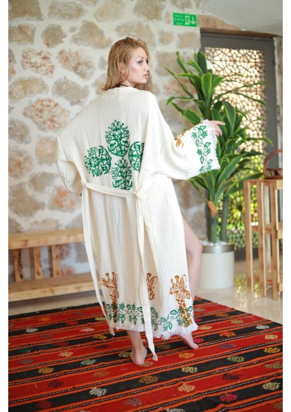 Müslin Kimono %100 Pamuklu Zürafa Baskılı Desenli Bornoz Kaftan Sabahlık
