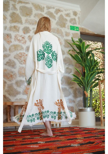 Müslin Kimono %100 Pamuklu Zürafa Baskılı Desenli Bornoz Kaftan Sabahlık