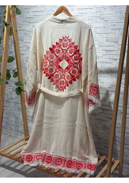 Müslin Kimono %100 Pamuklu Etnik Baskılı Desenli Bornoz Kaftan Sabahlık
