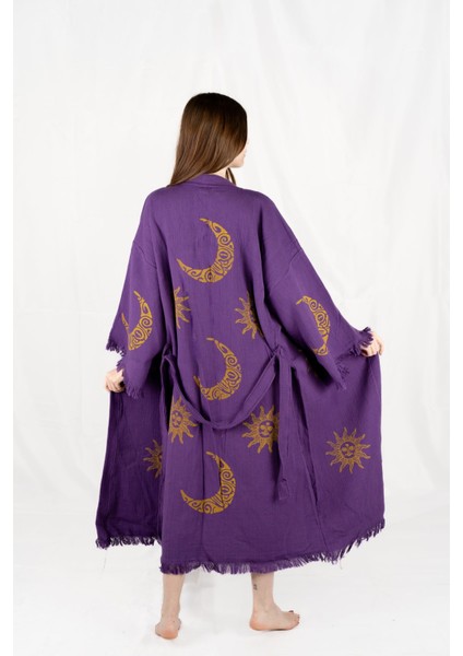 Müslin Kimono %100 Pamuklu Ay ve Güneş Baskılı Desenli Bornoz Kaftan Sabahlık